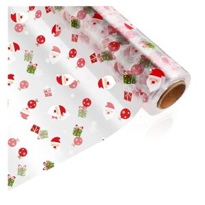 Christmas Cellophane Wrap Roll - Santa Pattern, Red & Green 32 Inch X 100 Foot